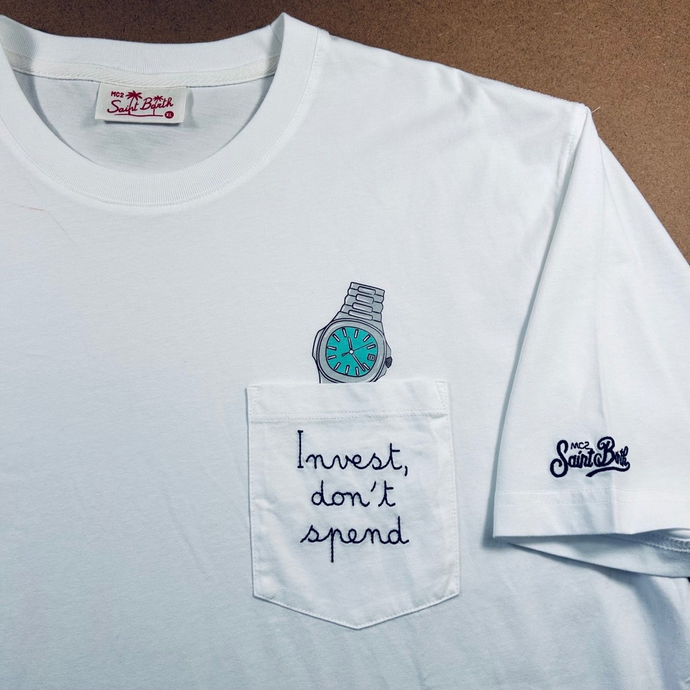 MC2 Saint Barth Invest Don't Spend T-Shirt Mens XL White Watch Graphic Pocket-T